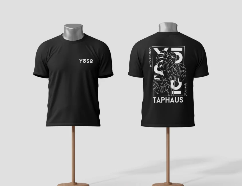 Club Yoso t-shirts on two wooden mannequins